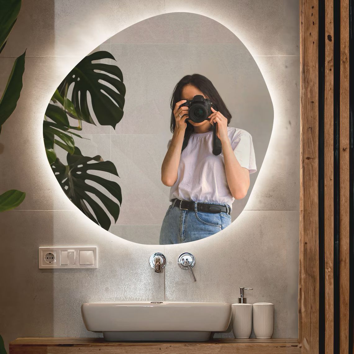 Asymmetrical LED Mirror For Bathroom - Warm/Neutral/Cool LED, Modern Design, LED Light, Irregular Shape Mirror, Makeup Mirror