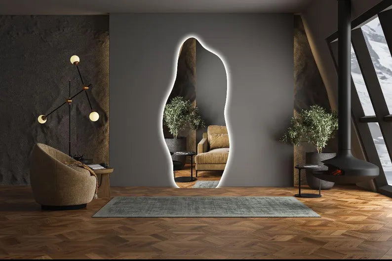 Led Lighted Full Length Mirror For Wall, Luxury Backlit Bathroom Mirror, Asymmetrical Wavy Long Dressing Mirror, Elegant Housewarming Gift